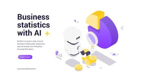 Isometric vector banner template featuring robot examining pie chart and busi Stock-Illustration