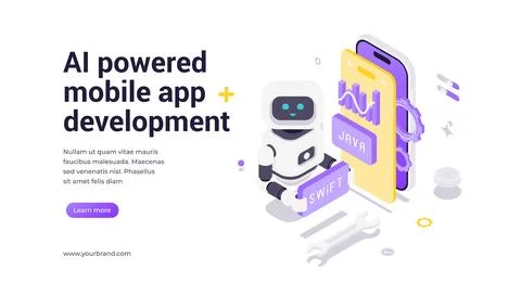Isometric vector banner template featuring robot holding Swift sign with smar 스톡 일러스트