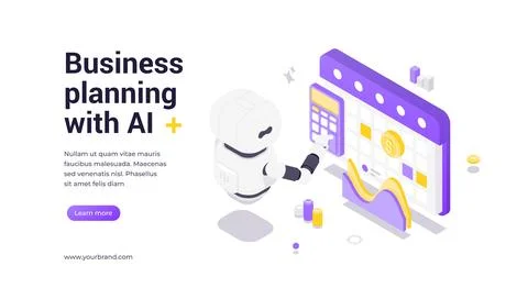 Isometric vector banner template featuring robot analyzing financial data wit Stock-Illustration