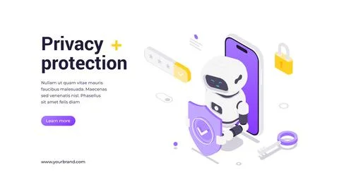 Isometric vector banner template featuring robot holding shield emerging from 스톡 일러스트