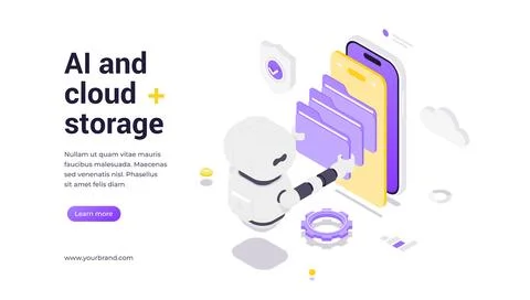 Isometric vector banner template featuring robot managing cloud storage with  イラスト素材