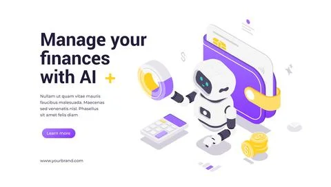 Isometric vector banner template showing finance robot with wallet, charts, c イラスト素材