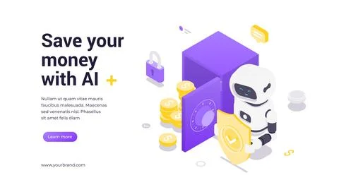 Isometric vector banner template showing robot holding shield near safe with  스톡 일러스트