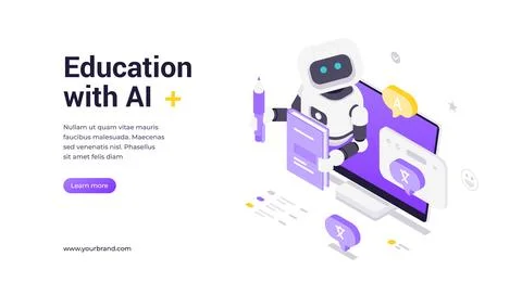 Isometric vector banner template showing robot holding learning materials in  イラスト素材