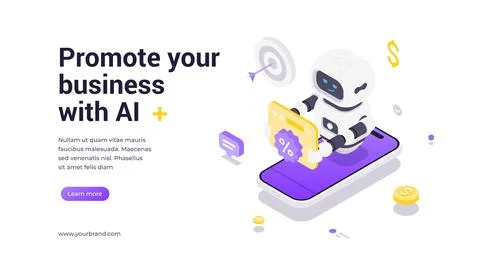 Isometric vector banner template showing robot standing on smartphone holding Stock-Illustration