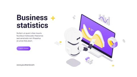 Isometric vector banner template showing robot interacting with monitor displ Illustrazione stock