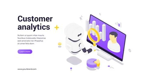 Isometric vector banner template showing robot holding magnifying glass analy Illustrazione stock