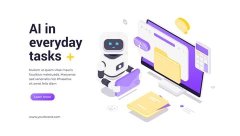 Isometric vector banner template showing robot holding tablet managing daily  イラスト素材