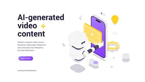 Isometric vector banner template showing robot holding video player with smar Stock Illustration