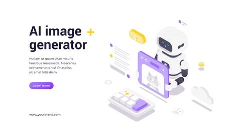 Isometric vector banner template showing robot holding tablet with AI-generat Illustrazione stock