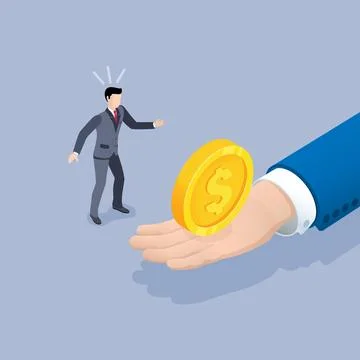 Isometric vector business man looking in surprise at his hand with a gold coi Stock Illustration