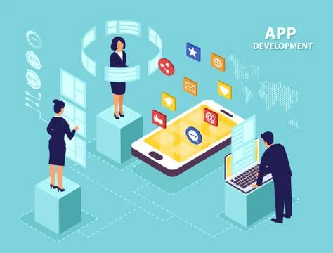 Isometric vector of business people software engineers developing new mobile  Illustrazione stock