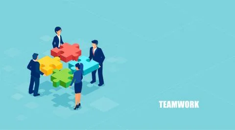 Isometric vector of business people solving a problem in team isolated on blu Stock Illustration