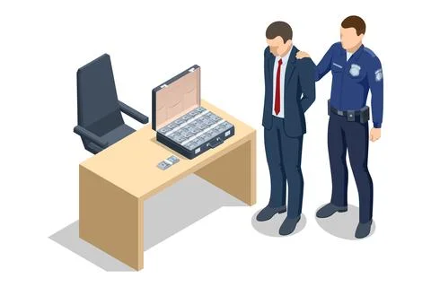 Isometric vector of a businessman under arrest next to a suitcase full of cash Stock Illustration