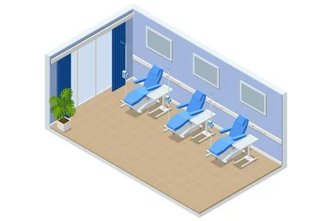 Isometric vector chemotherapy room featuring three specialized reclining medical Stock Illustration
