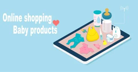 Isometric vector of child products on a tablet screen Stock Illustration