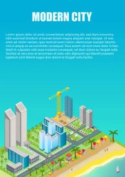 Isometric vector of city map with modern buildings and beach area with amusement イラスト素材