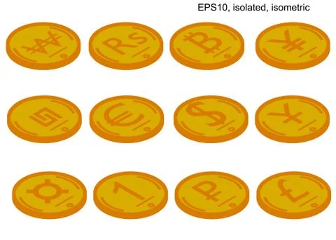Isometric vector coin set of world currencies. Isometric icons. Stock Illustration