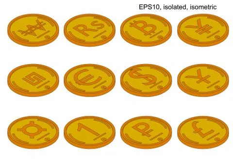 Isometric vector coin set of world currencies. Isometric icons. Illustrazione stock