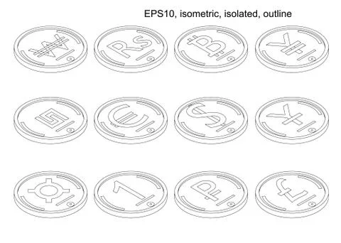 Isometric vector coin set of world currencies. Isometric icons. Stock Illustration