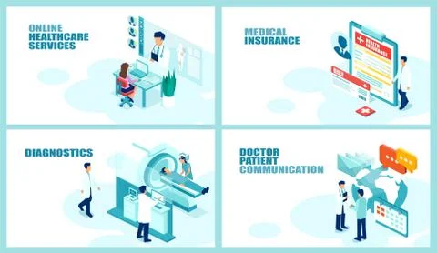 Isometric vector collage set for online medical services, healthcare insuranc Stock Illustration