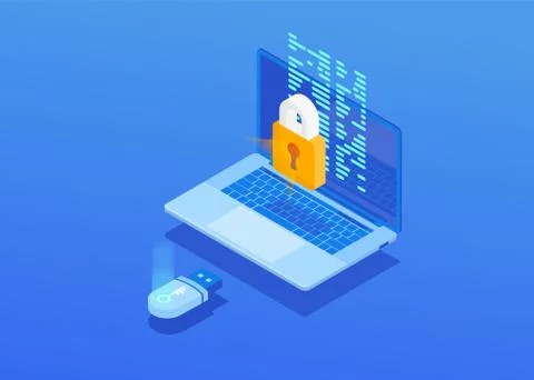 Isometric vector composition of laptop screen of with a closed lock, flash card Stock-Illustration