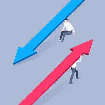 Isometric vector concept of one man pulling an arrow up and another giving up Stock Illustration