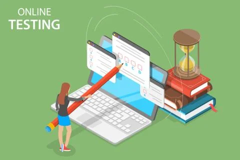 Isometric vector concept of online testing, online education, survey. Stock Illustration