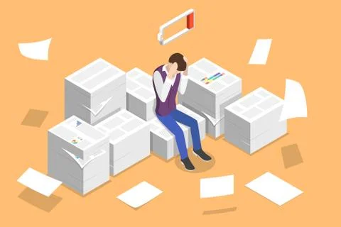 Isometric Vector Concept of Overworked and Tired Office Worker. Stock Illustration