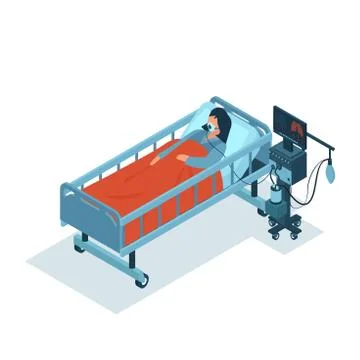 Isometric vector of a critically ill patient on ventilator machine receiving  Stock Illustration