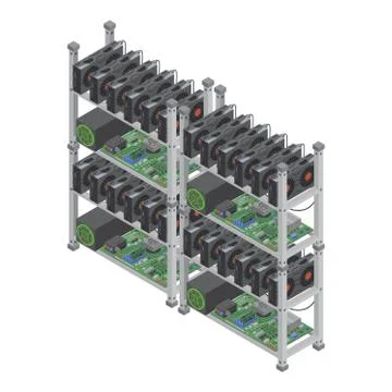 Isometric vector crypto currency mining farms concept with graphic video cards イラスト素材