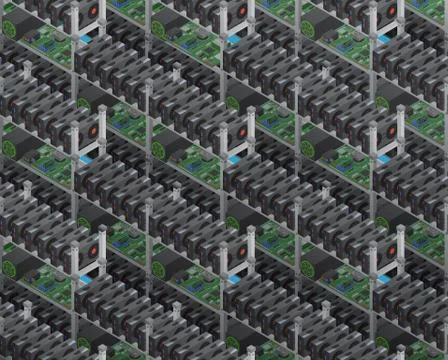 Isometric vector crypto currency mining farms seamless pattern. Stock Illustration