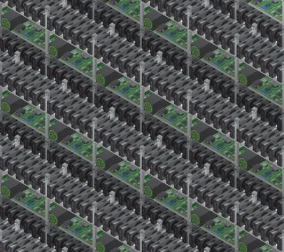 Isometric vector crypto currency mining farms seamless pattern. Stock Illustration