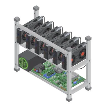 Isometric vector crypto currency mining single farm with graphic video cards Stock Illustration