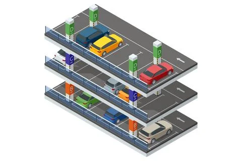 Isometric vector design of a multi-level parking structure featuring cars on Illustrazione stock