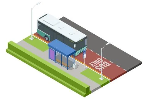 Isometric vector design of a public bus stop with a bench, map, sign, and Stock Illustration