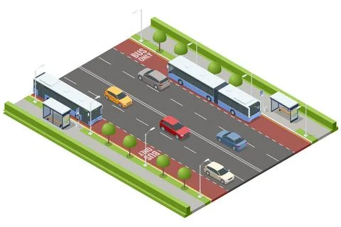 An isometric vector of a detailed urban bus stop system, featuring multiple Stock Illustration