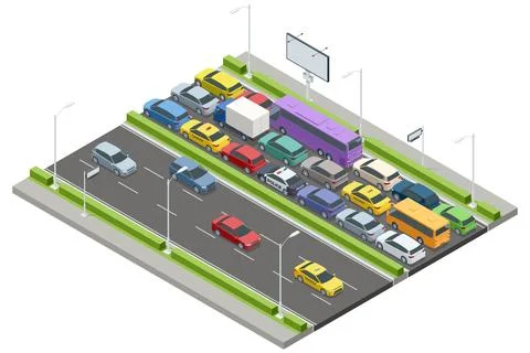 An isometric vector displaying cars, buses, and trucks in a traffic jam. Some Stock Illustration