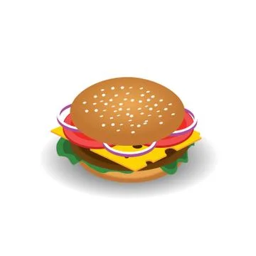 Isometric vector drawing of hamburger with cheese, tomatoes, chop, lettuce Stock Illustration