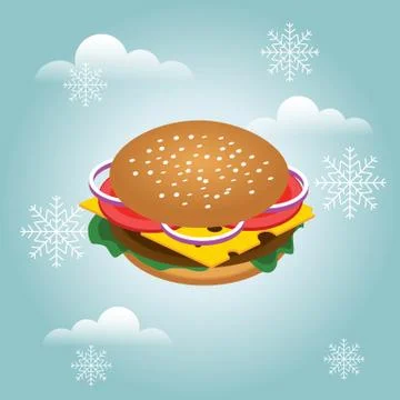Isometric vector drawing of hamburger with cheese, tomatoes, chop, lettuce Stock Illustration