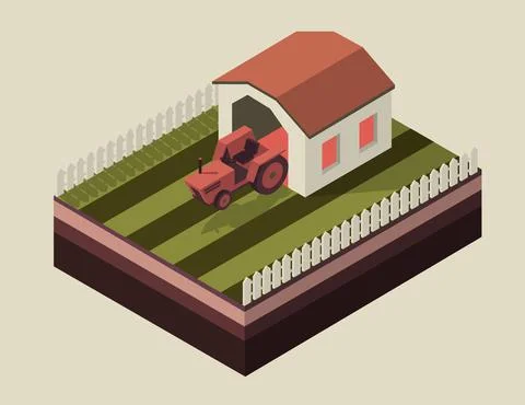Isometric vector element of farm with tractor. Stock-Illustration