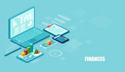 Isometric vector of financial apps and services on laptop and modern gadgets  Stock Illustration