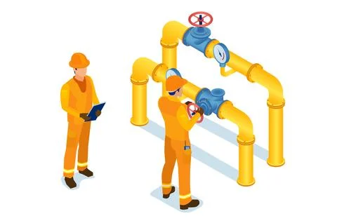 Isometric vector of a gas industry maintenance men opening or closing pipel.. Stock Illustration