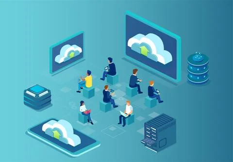 Isometric Vector of a group of people using computers and cloud services Stock Illustration