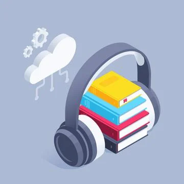 Isometric vector headphones on a stack of books on a gray background, listen  Stock Illustration