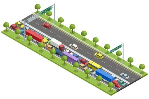 An isometric vector highway scene showing intense traffic congestion. Trucks Stock Illustration