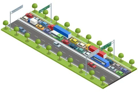 An isometric vector highway scene showing intense traffic congestion. Trucks Stock Illustration