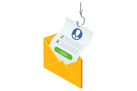 Isometric vector of a hooked login form pulled from an open yellow envelope by a イラスト素材
