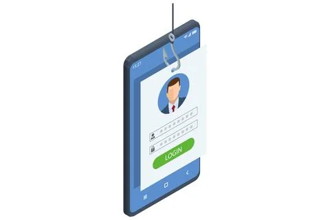 Isometric vector of a hooked login form pulled from an open yellow envelope by a Illustrazione stock