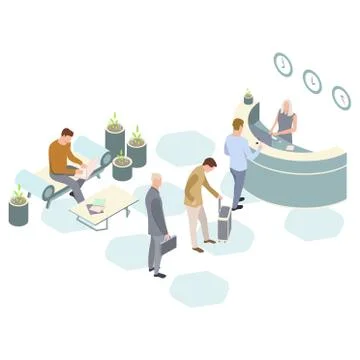 Isometric Vector hotel reception. Receptionists at the counter welcoming Stock Illustration
